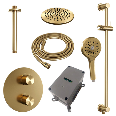 BRAUER Gold Edition thermostatische Inbouw Regendouche - 3-weg - rond - set 95 - 20cm hoofddouche - plafondarm - 3-standen handdouche - doucheslang - geïntegreerde glijstang - goud geborsteld PVD