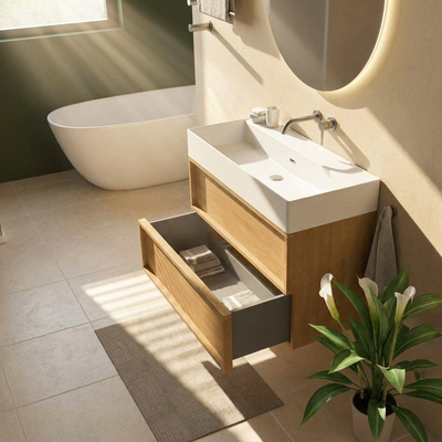 Saniclass Holz Frame Ensemble meuble de salle de bains - 100x45x72cm - Legend lavabo en céramique blanc mat - 1 vasque - sans trou de robinetterie - 2 tiroirs - chêne natural mat (bois)