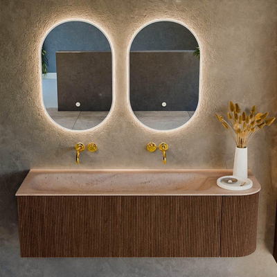 MONDIAZ KURVE-DLUX meuble de salle de bains 145 cm arrondi à droite couleur Walnut avec 1 tiroir et 1 porte. Lavabo BIG LARGE à gauche sans trou de robinet Saba.