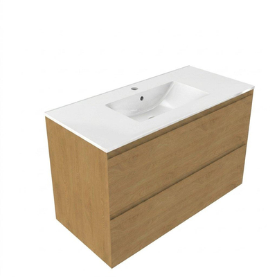 Saniclass Holz Pure Ensemble meuble de salle de bains - 100x45x62cm - Vygo lavabo en céramique blanc - 1 vasque - 1 trou de robinet - 2 tiroirs - chêne natural mat (bois)