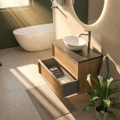 Saniclass Holz Frame Ensemble de meuble de salle de bains - 100x45x63cm - plan vasque en basalte Noche poli (noir) - 1 trou de robinetterie - 2 tiroirs - chêne natural mat (bois)
