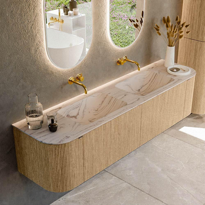 MONDIAZ KURVE-DLUX Meuble de salle de bains 180cm arrondi gauche + droite couleur chêne avec 2 tiroirs et 2 portes. Lavabo LEAF double sans trou de robinet Nata.