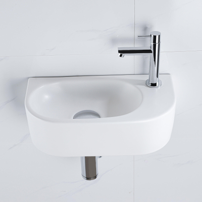 Fugaflow Efficiente Pietra Ensemble lave-mains - 40x21.5x12cm - droite - lisse - demi-rond - 1 trou de robinet - céramique - robinet de lavabo chrome - bonde - siphon abaissé - blanc mat