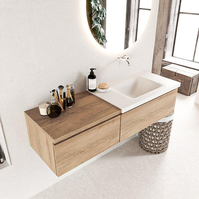MONDIAZ BUKLA Meuble de salle de bains 140 cm avec module 60 couleur Washed Oak avec 2 tiroirs. Lavabo CLOUD à droite 0 trous de robinet couleur Talc.