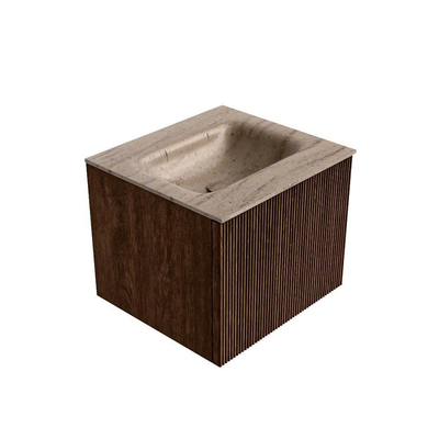 MONDIAZ KURVE-DLUX 50cm badmeubel kleur Walnut met 1 lade en 0 deuren. Wastafel GRUNNE Midden 1 kraangat Saba.