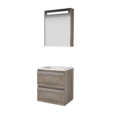 Basic-Line Premium 46 ensemble de meubles de salle de bain 60x46cm sans poignée 2 tiroirs lavabo acrylique 0 trous de robinetterie armoire de toilette éclairage led intégré mfc scotch oak