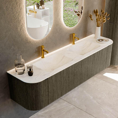Mondiaz KURVE-DLUX Ensemble de meuble de salle de bains - 180x46x40cm - 2 tiroirs - 2 portes - lavabo solid surface - double - 2 trous de robinet - Shadow