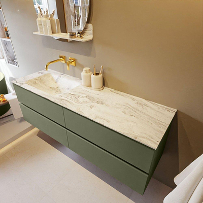 MONDIAZ VICA-DLUX Ensemble meuble de salle de bains - 150cm - meuble bas army - 4 tiroirs - lavabo encastré cloud à gauche - sans trous de robinetterie - version haute 60cm - glace