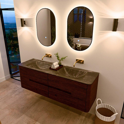 Mondiaz CIRO-DLUX Meuble de salle de bains - 150x45x50cm - Plan vasque solid surface Lava - 2 vasques double - sans trous de robinet - 4 tiroirs - Ruby