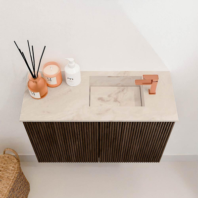 Mondiaz JOYA-DLUX 60cm toiletmeubel - kleur Walnut - Wastafel FAYE positie Rechts 1 kraangat kleur Frappe.