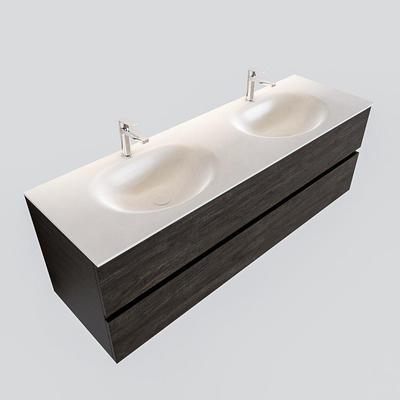 ENSEMBLE DE MEUBLE MONDIAZ VICA - 150 cm - 2 tiroirs - lavabo Moon double - 2 trous de robinet - solid surface marron foncé