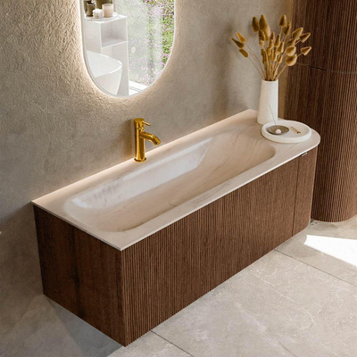 MONDIAZ KURVE-DLUX meuble de salle de bains 125cm arrondi droit couleur noyer avec 1 tiroir et 1 porte. Lavabo BIG MEDIUM gauche 1 trou de robinet Meli.
