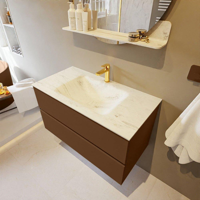 Mondiaz VICA-DLUX Ensemble de meuble de salle de bain - 90cm - meuble sous-vasque repos - 2 tiroirs - lavabo encastrée cloud milieu - 1 trou de robinet - version haute de 60cm - opalo