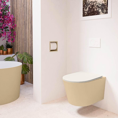 Mondiaz LAVIE hangtoilet – spoelrandloos – 36 x 53 cm – met softclose zitting – Sand (beige), zitting Linen (offwhite)