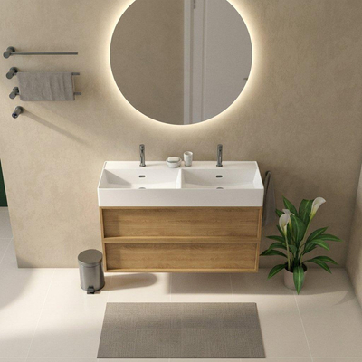 Saniclass Holz Frame Ensemble meuble de salle de bains - 120x45x72cm - lavabo Legend en céramique blanc mat - 2 vasques - 2 trous de robinetterie - 2 tiroirs - chêne natural mat (bois)