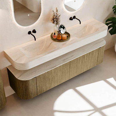 MONDIAZ THOR-DLUX Meuble de salle de bains 180cm arrondi gauche + droite couleur Dusk avec 2 tiroirs et 2 portes. Vasque suspendue CLOUD Double sans trou de robinet couleur Meli.