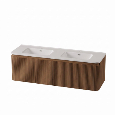 Royal Plaza Terra Edge Ensemble meuble de salle de bains - 140x45.5x46cm - vasque en céramique blanc brillant - 2 vasques - sans trous de robinet - 2 tiroirs - sandwood (chêne clair)