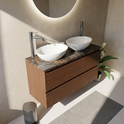 Saniclass Holz Pure Ensemble meuble de salle de bains - 120x45x63cm - Plan de travail en pierre naturelle Noche dark emperador - 2 trous de robinetterie - 4 tiroirs - walnut pure mat (bois)