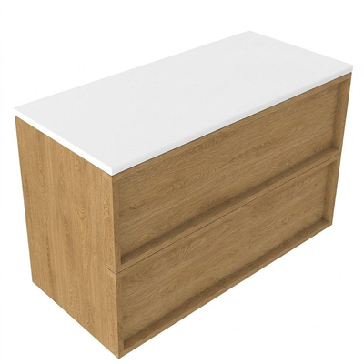 Saniclass Holz Frame Ensemble de meubles de salle de bains - 100x45x62.5cm - plan Torino en solid surface blanc - sans trou de robinetterie - 2 tiroirs - chêne naturel mat (bois)