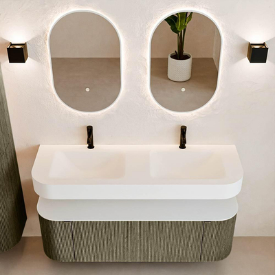 MONDIAZ THOR 140cm meuble de salle de bains arrondi gauche + droite couleur Shadow avec 1 tiroir et 2 portes. Vasque suspendue CLOUD Double 2 trous de robinet couleur Talc.