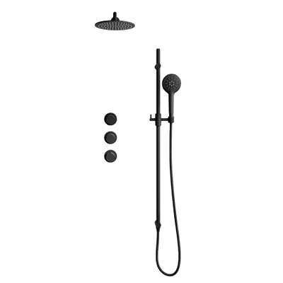 Fortifura Nebbio Regendoucheset - inbouwkraan - inbouwdeel - glijstang - doucheslang glad - ronde handdouche - 35cm wandarm - 30cm ronde hoofddouche - zwart mat