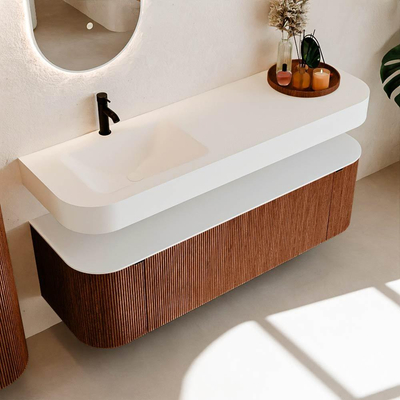 MONDIAZ THOR 150cm meuble de salle de bains arrondi gauche + droite couleur Ruby avec 1 tiroir et 2 portes. Vasque suspendue CLOUD gauche 1 trou de robinet couleur Talc.