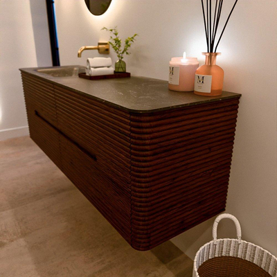 Mondiaz CIRO-DLUX Badkamermeubelset - 150x45x50cm - Solid surface wastafel Lava - 1 wasbak Links - zonder kraangaten - 4 lades - Ruby