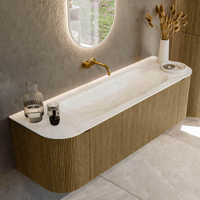Mondiaz KURVE-DLUX Badkamermeubelset - 150x46x40cm - 1 lade - 2 deuren - wastafel solid surface - midden - zonder kraangat - Dusk