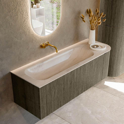 MONDIAZ KURVE-DLUX Meuble de salle de bains 135cm arrondi à droite couleur Shadow avec 1 tiroir et 1 porte. Lavabo BIG MEDIUM gauche sans trou de robinet Meli.