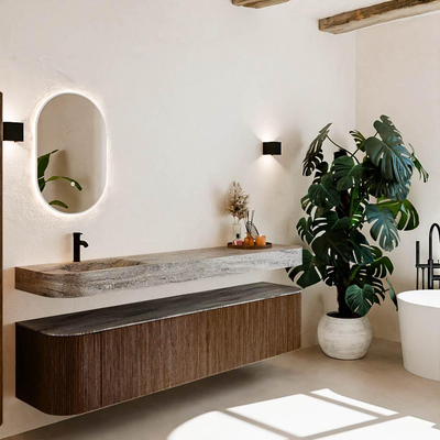 MONDIAZ THOR-DLUX 200cm meuble de salle de bains arrondi gauche + droite couleur Walnut avec 2 tiroirs et 2 portes. Vasque suspendue CLOUD Gauche 1 trou de robinet couleur Oza.