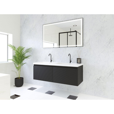 HR badmeubelen Matrix 3D ensemble meuble de salle de bains 120cm 2 tiroirs sans poignée avec profil de poignée en couleur Noir mat avec lavabo djazz double 2 trous de robinet blanc