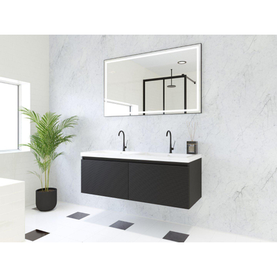 HR Matrix ensemble meuble de salle de bain 3d 120cm 2 tiroirs sans poignée avec bandeau couleur noir mat avec vasque djazz double 2 trous de robinetterie blanc