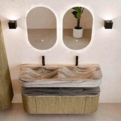 MONDIAZ THOR-DLUX 130cm meuble de salle de bains arrondi gauche + droite couleur Dusk avec 1 tiroir et 2 portes. Vasque suspendue CLOUD Double 2 trous de robinet couleur Sombra.