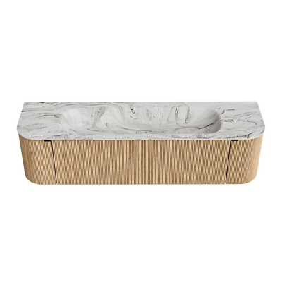 MONDIAZ KURVE-DLUX meuble de salle de bains 170cm avec module 25 Len R couleur Oak avec 1 tiroir et 2 portes. Lavabo BIG LARGE central 2 trous de robinet couleur Glace.