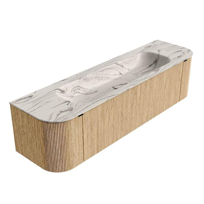 MONDIAZ KURVE-DLUX Meuble de salle de bains 170cm arrondi Gauche + Droite couleur Oak avec 1 tiroir et 2 portes. Plan-vasque BIG LARGE Milieu sans trou de robinet Nata.