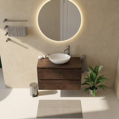 Saniclass Holz Atelier Ensemble de meubles de salle de bains - 100x45x63cm - Plan vasque en marbre Dia poli (blanc) - 1 trou de robinet - 2 tiroirs - chêne charcoal mat (bois)