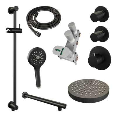BRAUER Stripe Thermostatische Inbouw Regendouche - SET 10 - 25cm douchekop - rechte muurarm - 3-standen handdouche - doucheslang - geïntegreerde glijstang - mat zwart