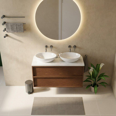 Saniclass Holz Frame Ensemble de meubles de salle de bains - 120x45x63cm - Plan vasque en marbre Dia poli (blanc) - sans trou de robinet - 2 tiroirs - walnut pure mat (bois)