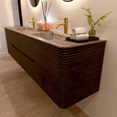 Mondiaz CIRO-DLUX Badkamermeubelset - 190x45x50cm - Solid surface wastafel Sombra - 2 wasbak Dubbel - 2 kraangaten - 4 lades - Walnut