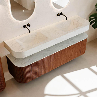 MONDIAZ THOR-DLUX 170cm meuble de salle de bains arrondi gauche + droite couleur Ruby avec 1 tiroir et 2 portes. Vasque suspendue CLOUD Double sans trou de robinet couleur Opalo.