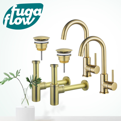 FugaFlow Eccelente Sobrado Badkamer Wastafelkraanset - voor dubbele wastafel - hoge wastafelkraan - draaibare uitloop - always open plug - design sifon - PVD Geborsteld Messing