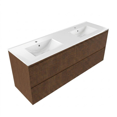 Saniclass Holz Atelier Ensemble de meubles de salle de bains - 160x45x62cm - lavabo Vygo en céramique blanc - 2 vasques - sans trous de robinet - 4 tiroirs - noyer pure mat (bois)