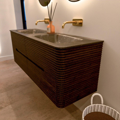 Mondiaz CIRO-DLUX Ensemble de meubles de salle de bains - 140x45x50cm - Plan-vasque solid surface Lava - 2 vasques double - sans trous de robinet - 4 tiroirs - Noyer