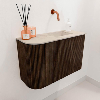Mondiaz JOYA-DLUX 61.6cm toiletmeubel - ronding links kleur Walnut - Wastafel FAYE positie Rechts Zonder kraangat kleur Frappe.