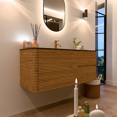 Mondiaz CIRO-DLUX Meuble de salle de bains - 120x45x50cm - Lavabo solid surface Lava - 1 vasque au milieu - 1 trou de robinet - 2 tiroirs - Chêne