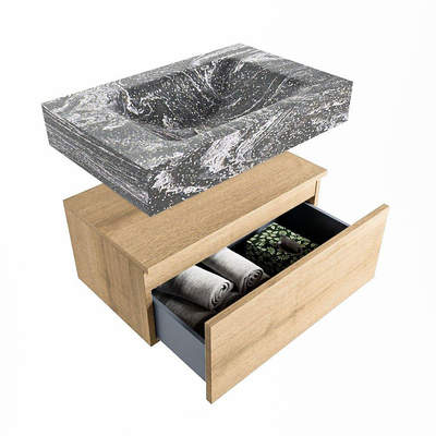 Mondiaz ALAN-DLUX Ensemble de meuble - 70cm - meuble Washed Oak mat - 1 tiroir - Lavabo Cloud Lava suspendu - vasque Centre - 0 trous de robinet