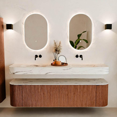 MONDIAZ THOR-DLUX 180cm meuble de salle de bains arrondi gauche + droite couleur Ruby avec 2 tiroirs et 2 portes. Vasque suspendue CLOUD Double sans trou de robinet couleur Nata.