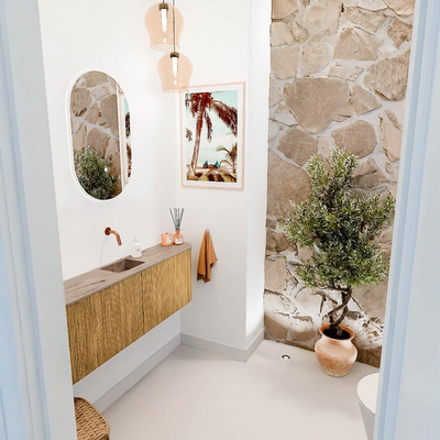 Mondiaz JOYA-DLUX 123.2cm toiletmeubel - ronding links en rechts kleur Oak - Wastafel FAYE positie Midden Zonder kraangat kleur Arena.