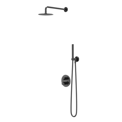 IVY Bond Ensemble de douche à effet pluie - encastré - inverseur-arrêt 2 voies - bras de plafond 30 cm - pomme de douche principale ronde medium 30 cm - barre de douche avec sortie - flexible de douche 150 cm - douchette à main satin spray - Chrome noir P