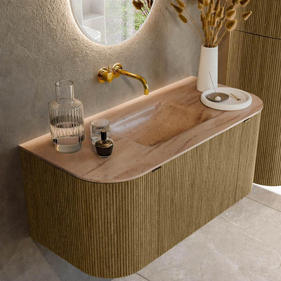 MONDIAZ KURVE-DLUX Meuble de salle de bains 100cm arrondi Gauche + Droite couleur Dusk avec 1 tiroir et 2 portes. Lavabo GRUNNE Central sans trou de robinet Saba.